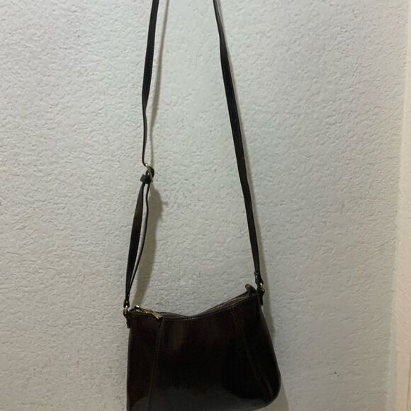 Monsac Purse Dark Brown Patent Shiny leather shoulder bag small - Picture 4 of 13